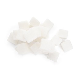 Photo of Pile of sugar cubes isolated on white, top view