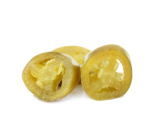 Photo of Slices of pickled green jalapeno on white background
