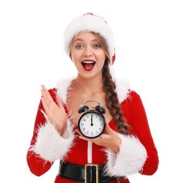 Beautiful Santa girl with alarm clock on white background. Christmas eve