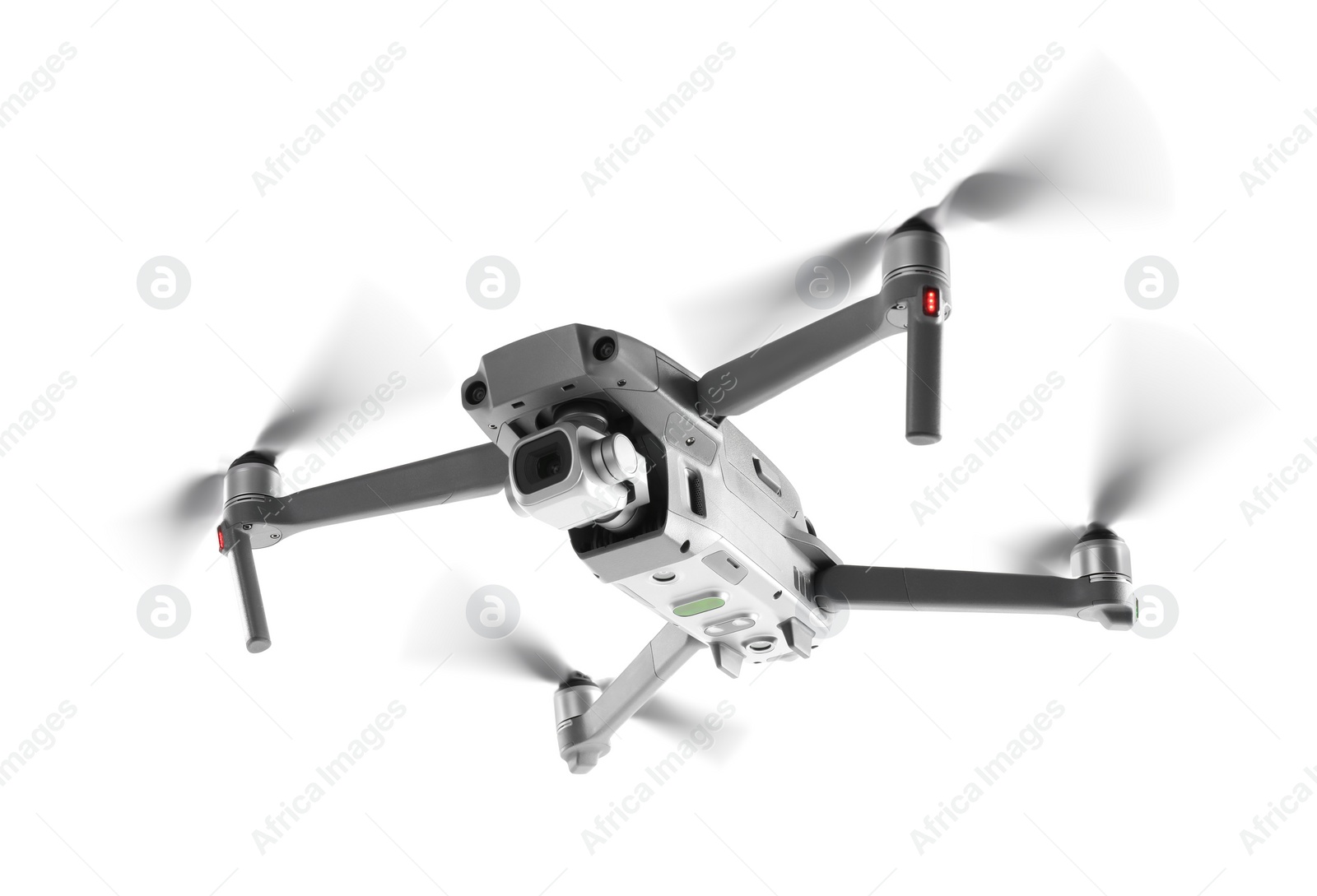 Image of Drone with camera flying on white background. Modern gadget