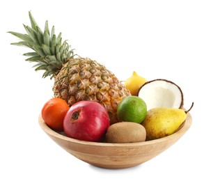 Fresh ripe fruits in wooden bowl on white background