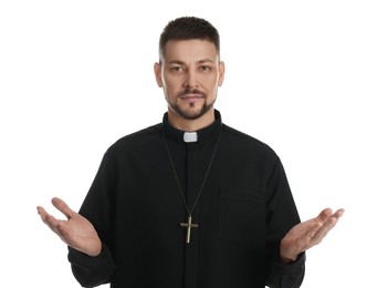 Photo of Priest wearing cassock with clerical collar on white background