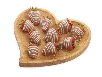 Photo of Heart shaped plate with delicious chocolate covered strawberries isolated on white