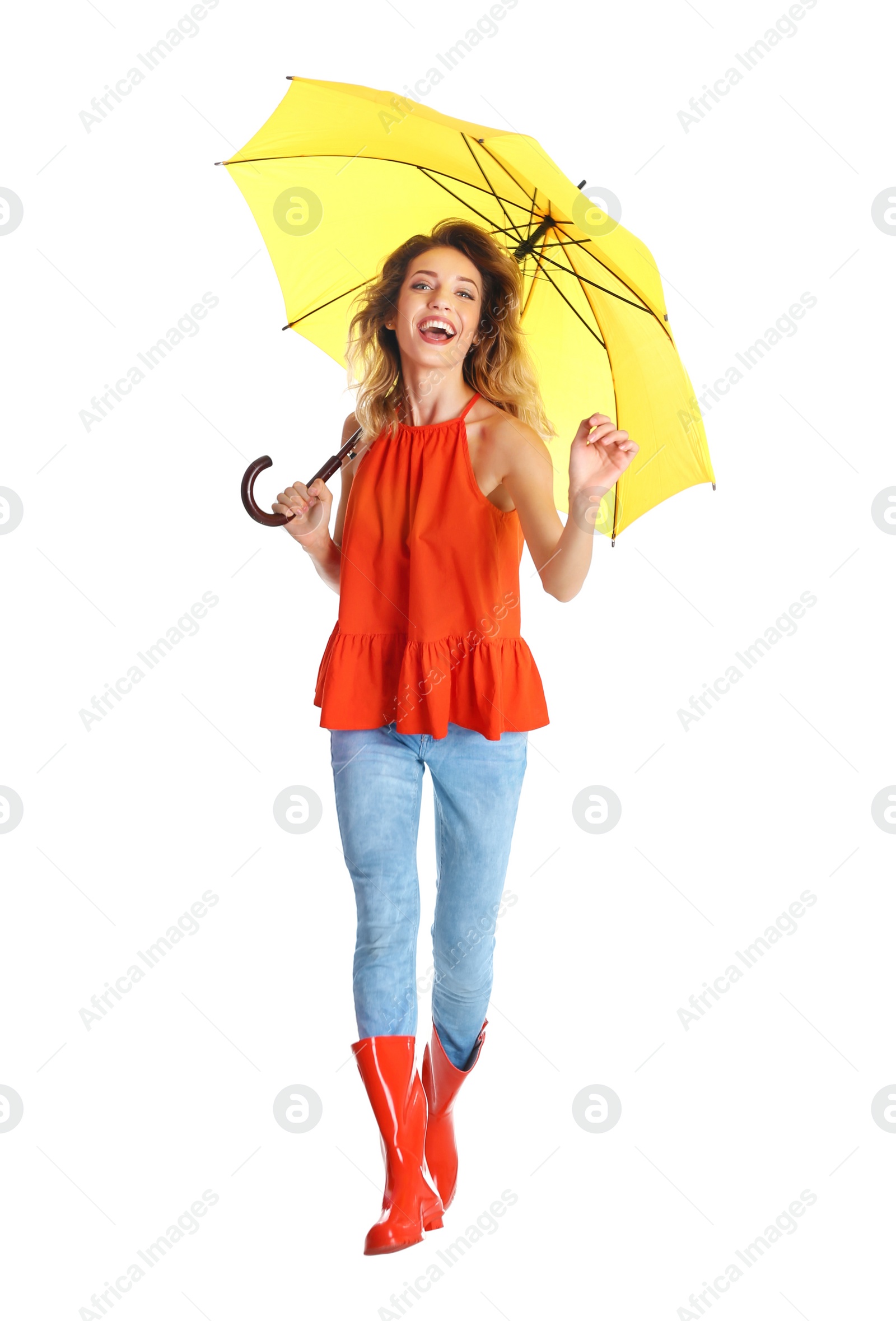 Photo of Woman with yellow umbrella on white background