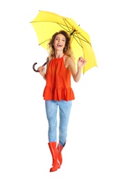 Woman with yellow umbrella on white background