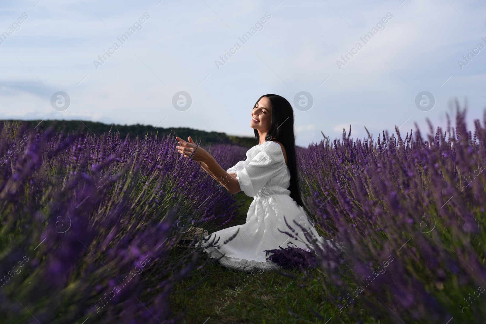 Photo of Beautiful young woman sitting in lavender field