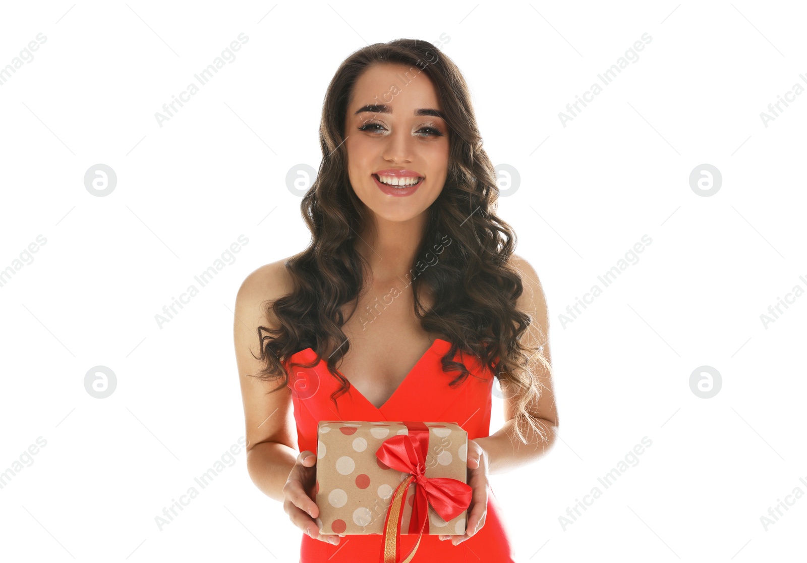 Photo of Beautiful young woman with Christmas gift on white background