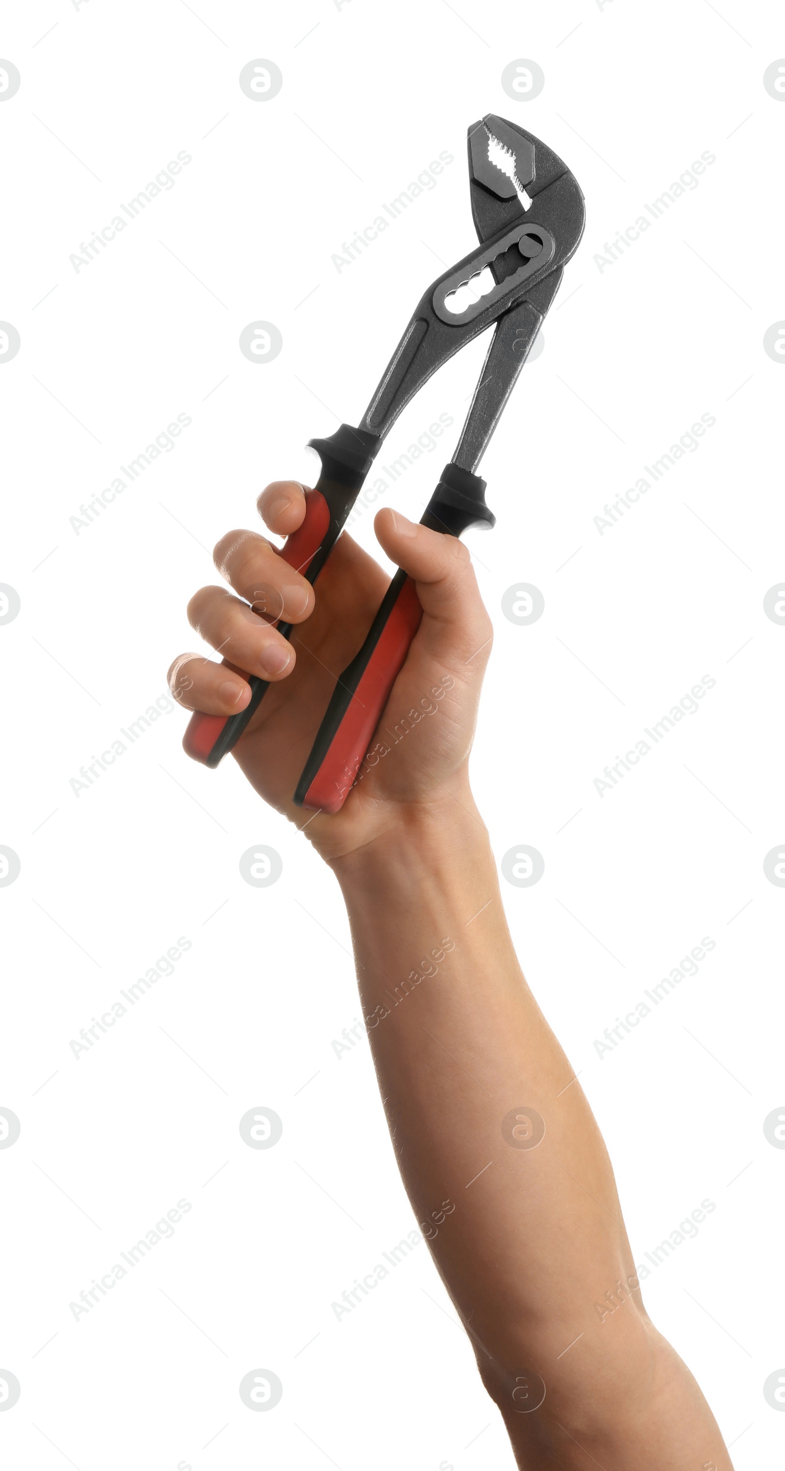 Photo of Man holding adjustable pliers isolated on white. Construction tools