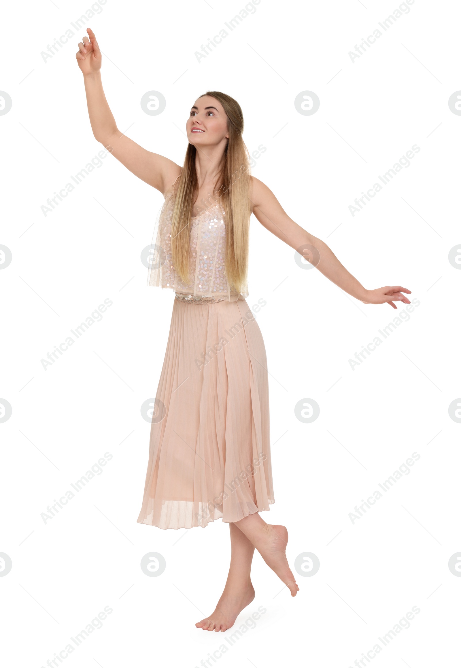 Photo of Beautiful girl in beige skirt on white background