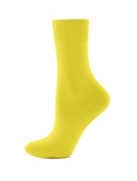 Photo of New yellow sock isolated on white. Footwear accessory