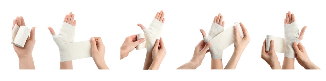 Collage with photos of applying elastic bandage onto patient's hand on white background, closeup. Banner design