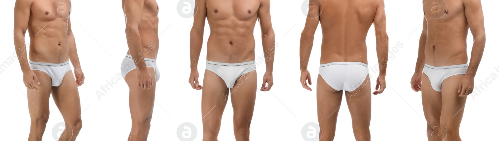 Image of Collage with photos of man wearing underwear on white background, closeup. Banner design