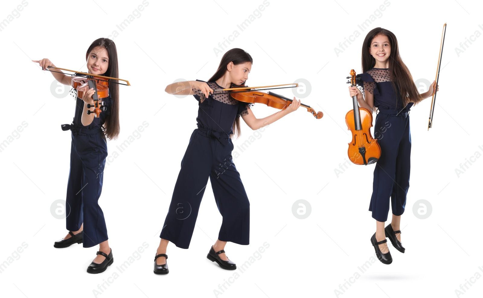 Image of Collage with photos of preteen girl playing violin on white background