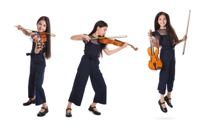 Image of Collage with photos of preteen girl playing violin on white background