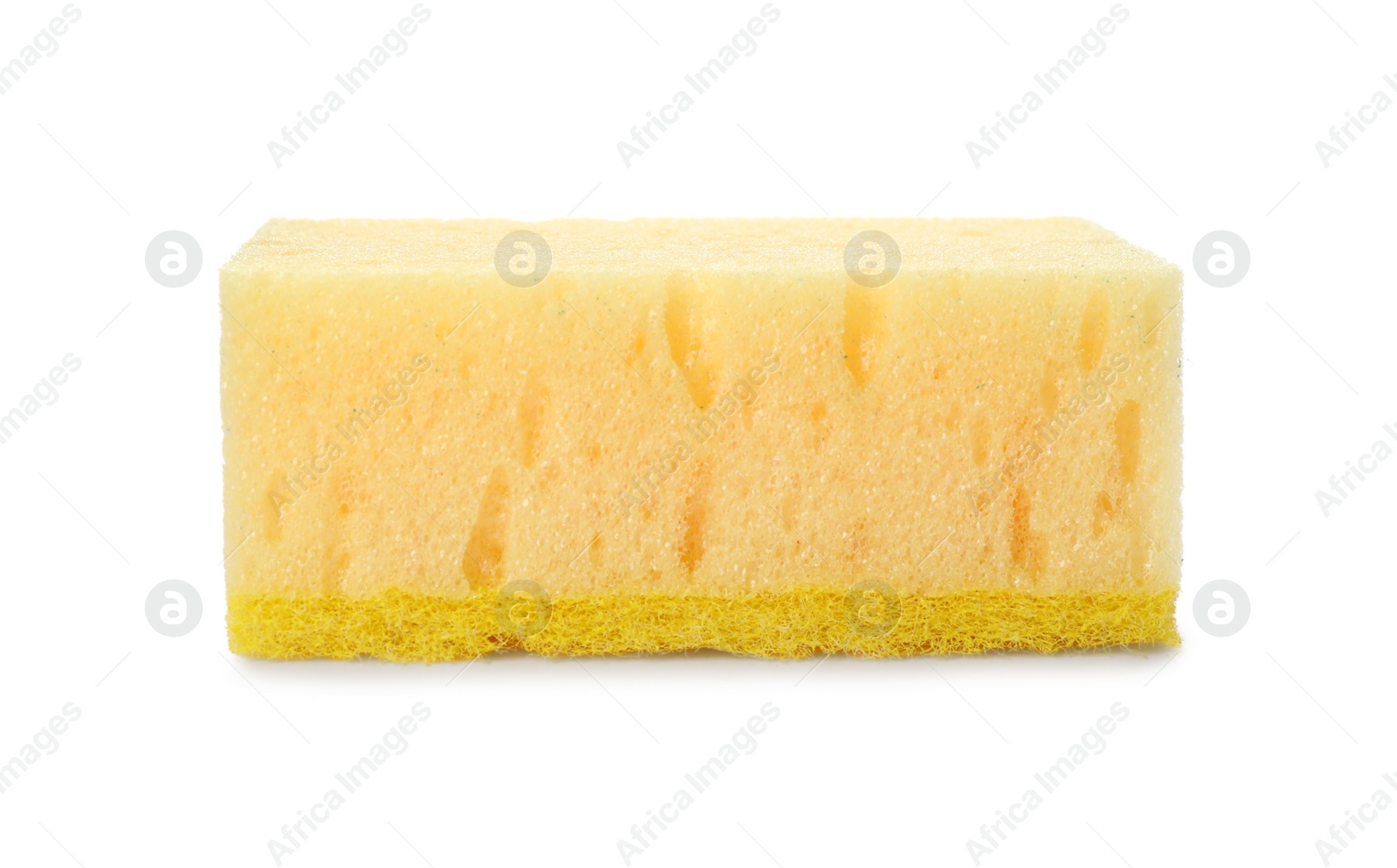 Photo of Yellow cleaning sponge with abrasive scourer isolated on white