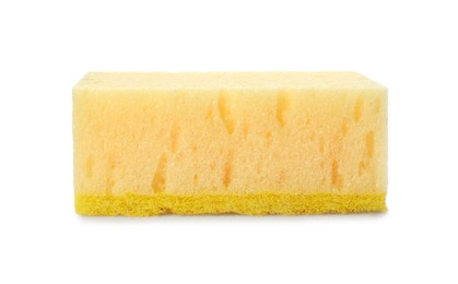 Photo of Yellow cleaning sponge with abrasive scourer isolated on white