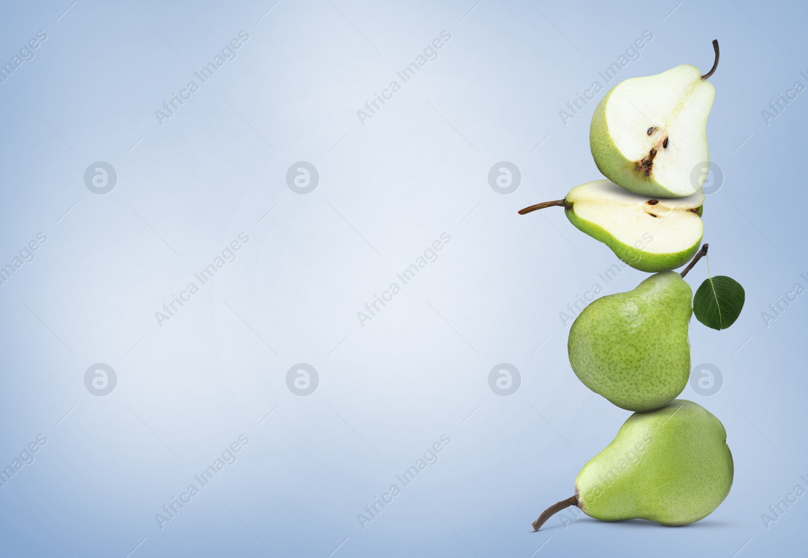 Image of Cut and whole fresh ripe pears on blue gradient background, space for text