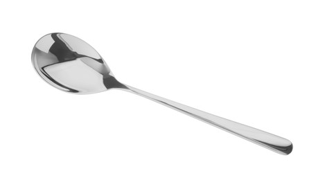 Photo of One shiny silver spoon isolated on white, top view