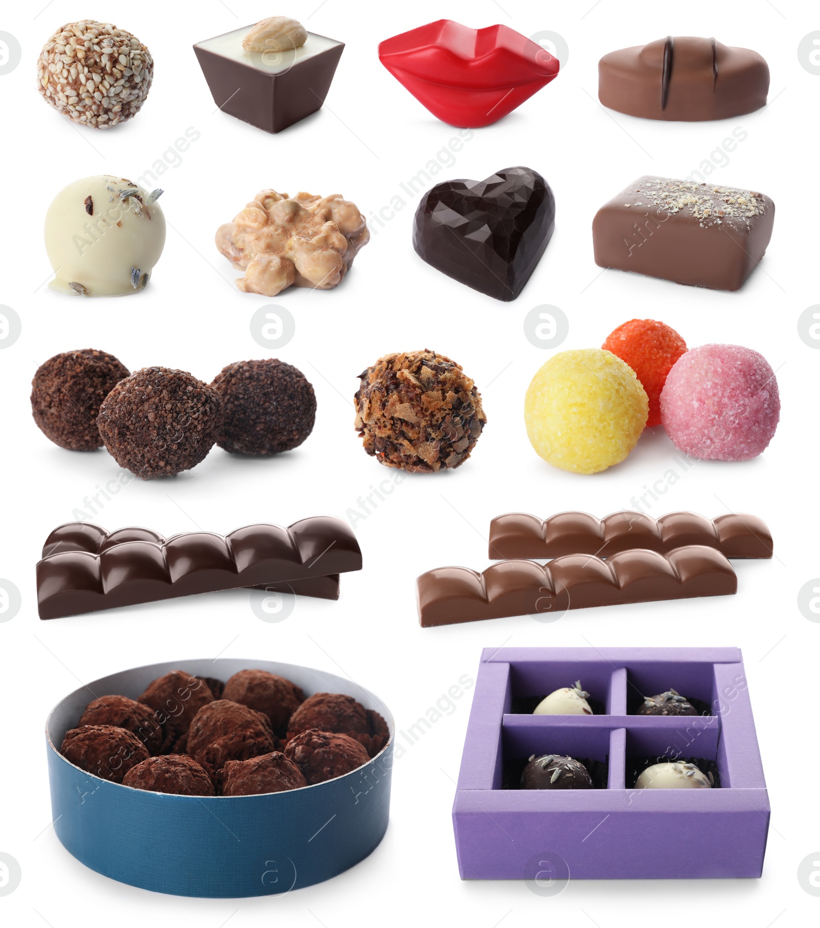 Image of Set with different chocolate candies on white background