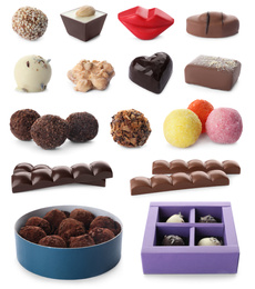 Image of Set with different chocolate candies on white background