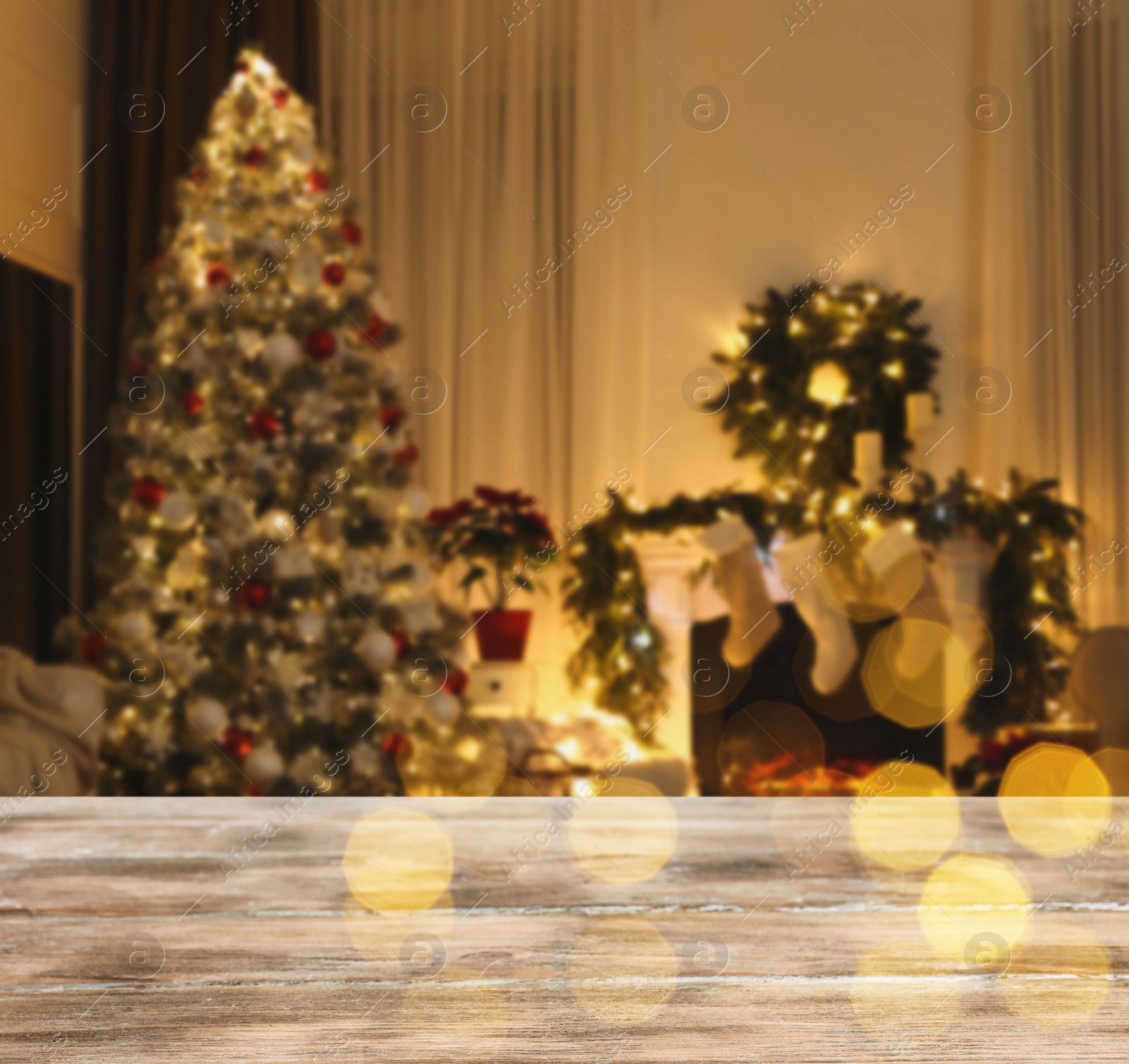 Image of Empty wooden surface and blurred view of room decorated for Christmas, space for text. Interior design