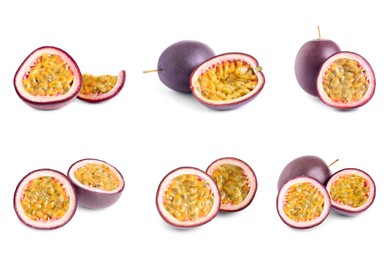 Image of Set with delicious passion fruits on white background