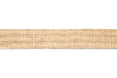 Photo of Wide burlap ribbon on white background, top view