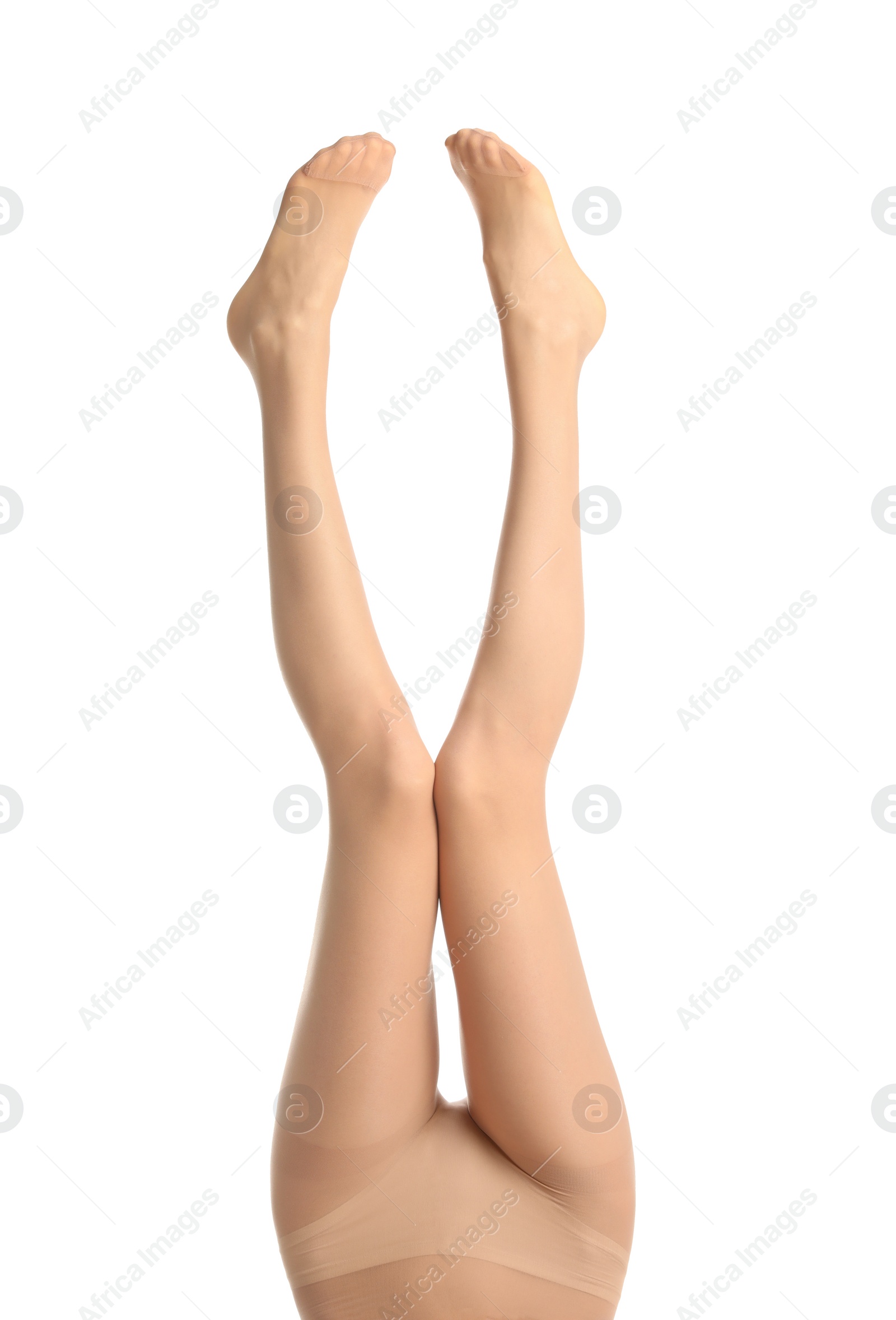 Photo of Woman wearing tights isolated on white, closeup of legs