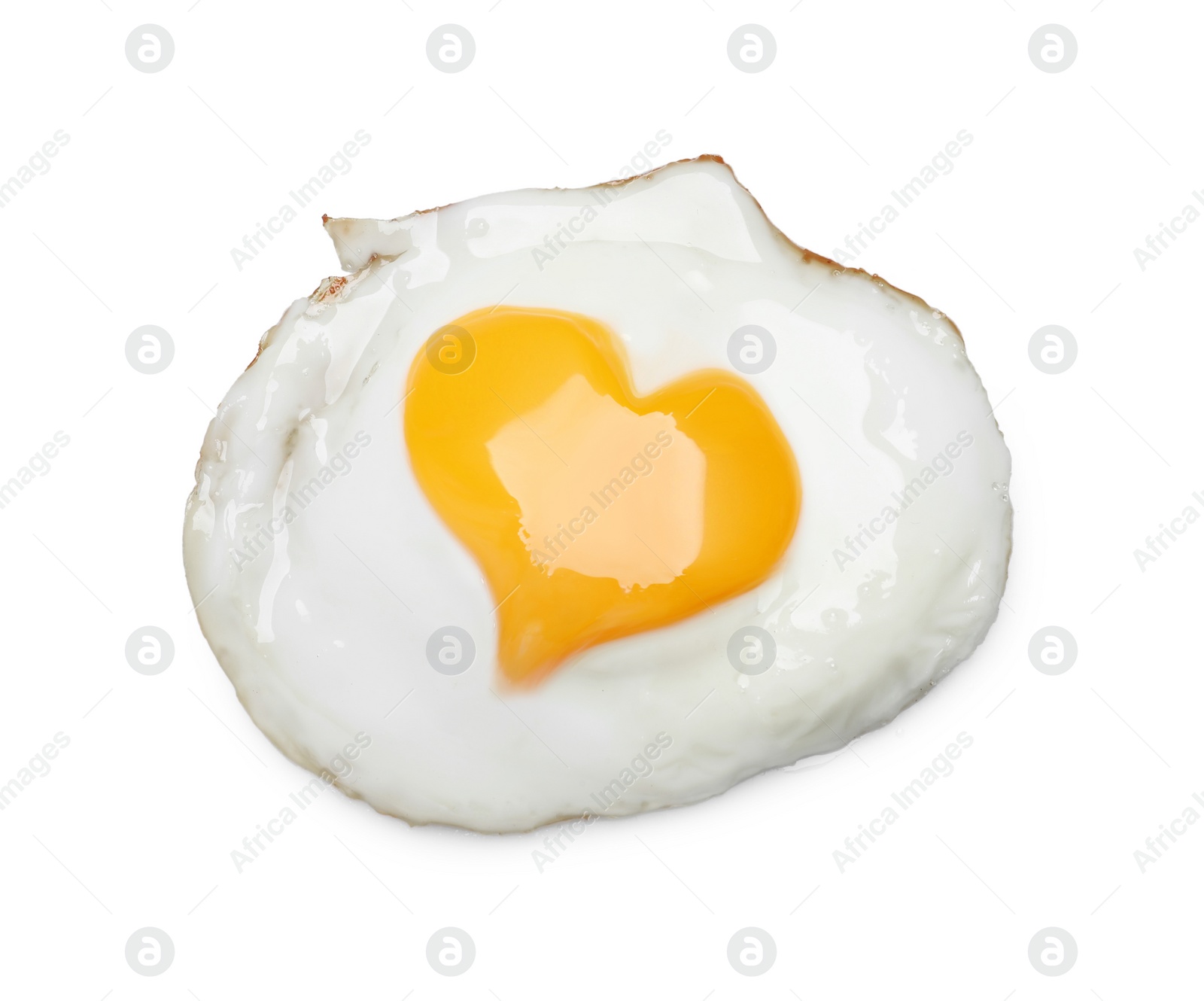 Image of Tasty fried egg with yolk in shape of heart on white background, top view