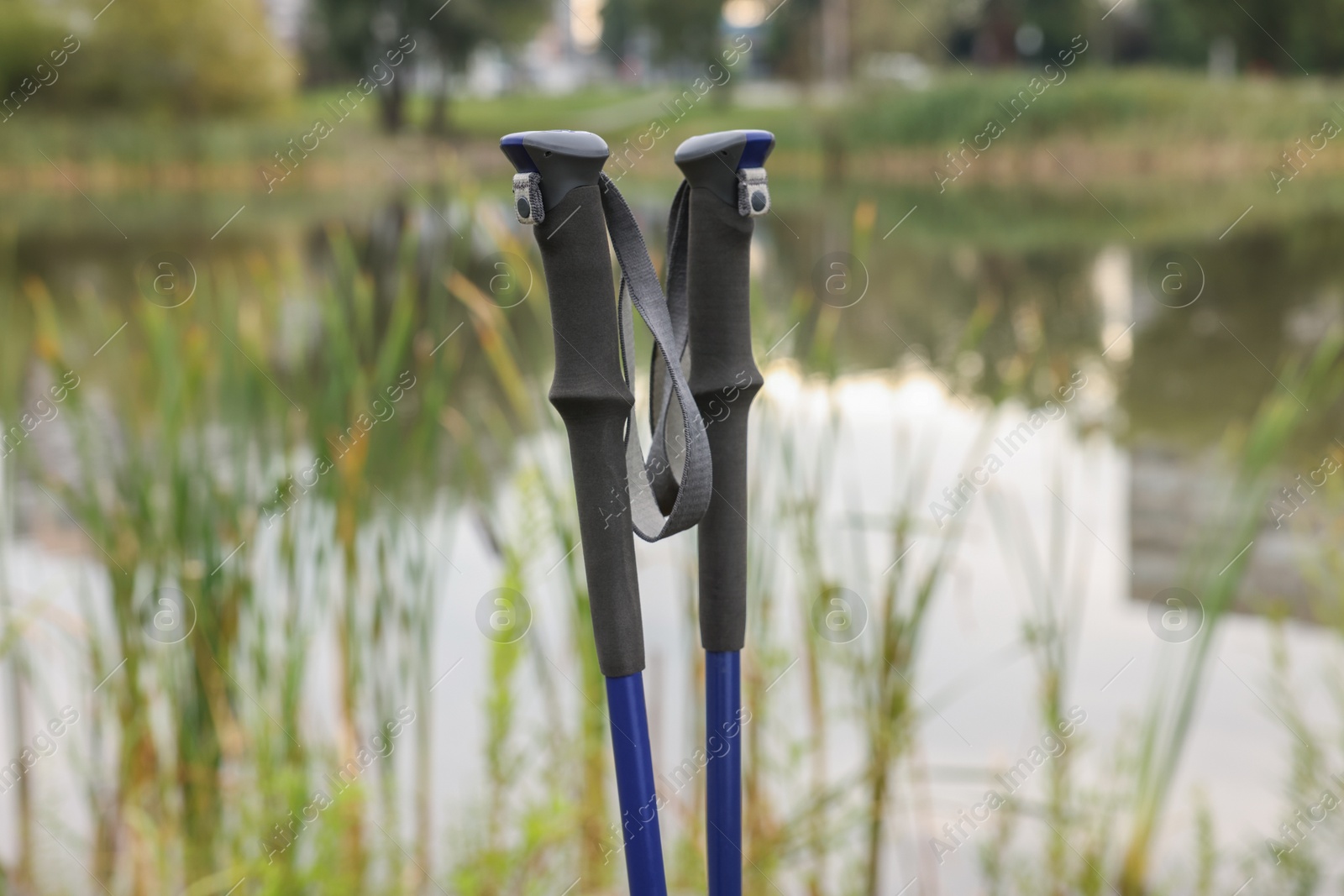 Photo of Two Nordic walking poles near lake outdoors, closeup