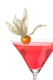 Refreshing cocktail decorated with physalis fruit on white background