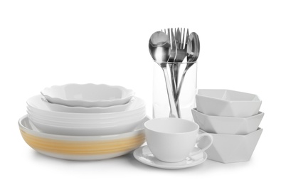 Photo of Different clean tableware on white background