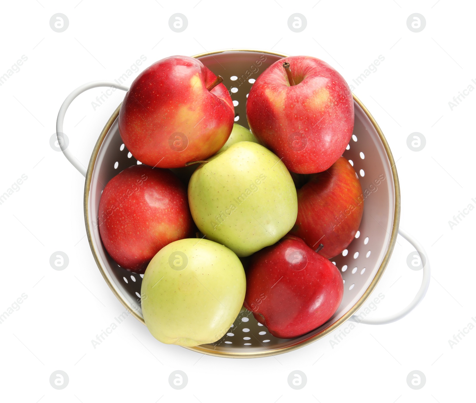 Photo of Colander with fresh apples isolated on white, top view