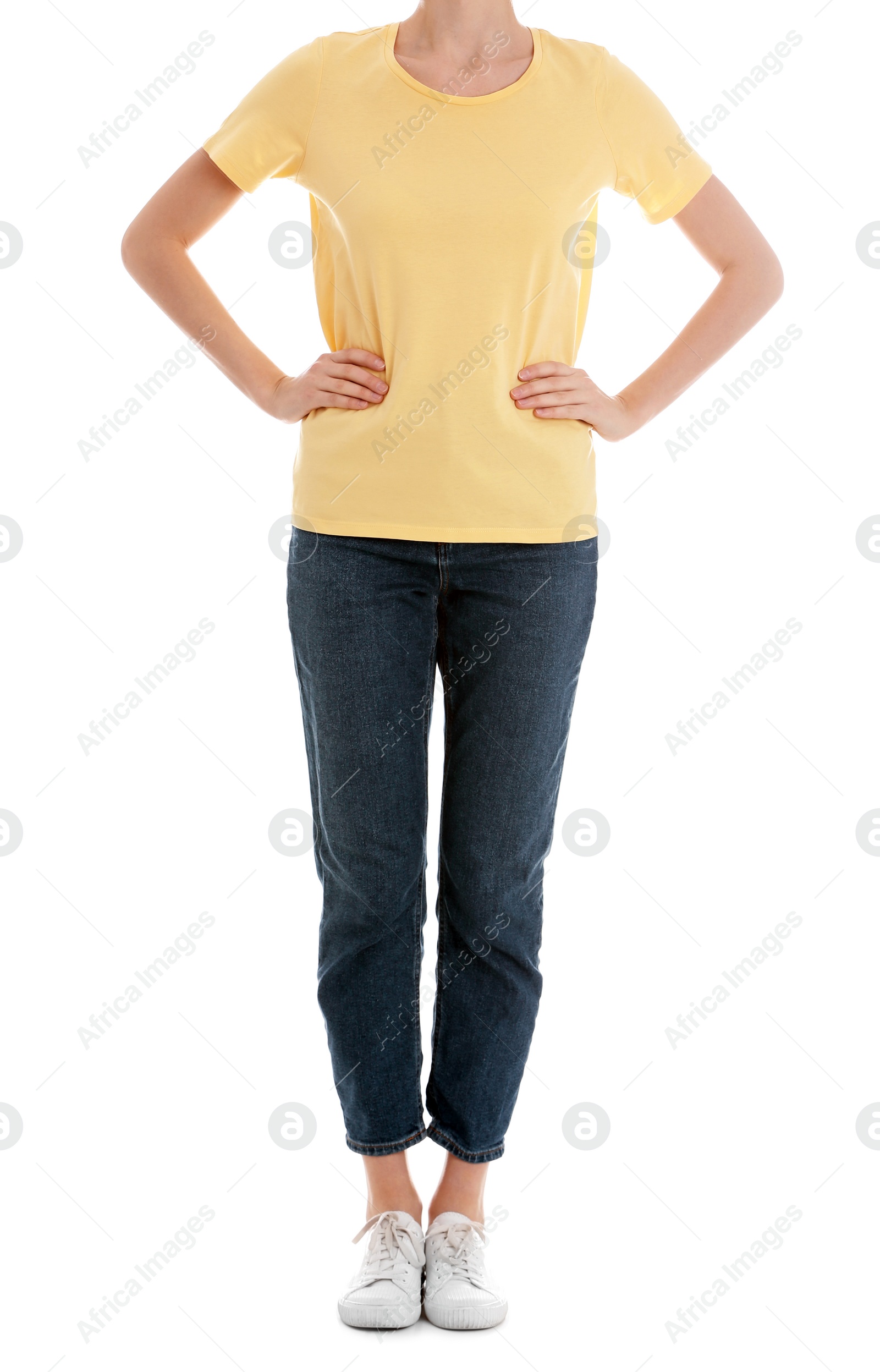 Photo of Young slim woman on white background, closeup. Weight loss