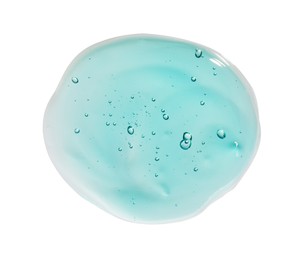 Sample of turquoise facial gel on white background, top view