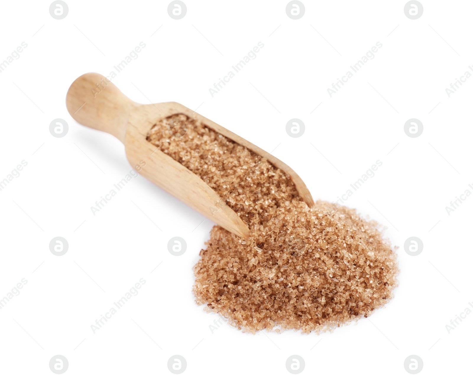 Photo of Wooden scoop with brown salt on white background