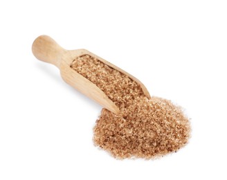 Photo of Wooden scoop with brown salt on white background