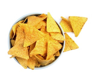Photo of Bowl with tasty Mexican nachos chips on white background, top view