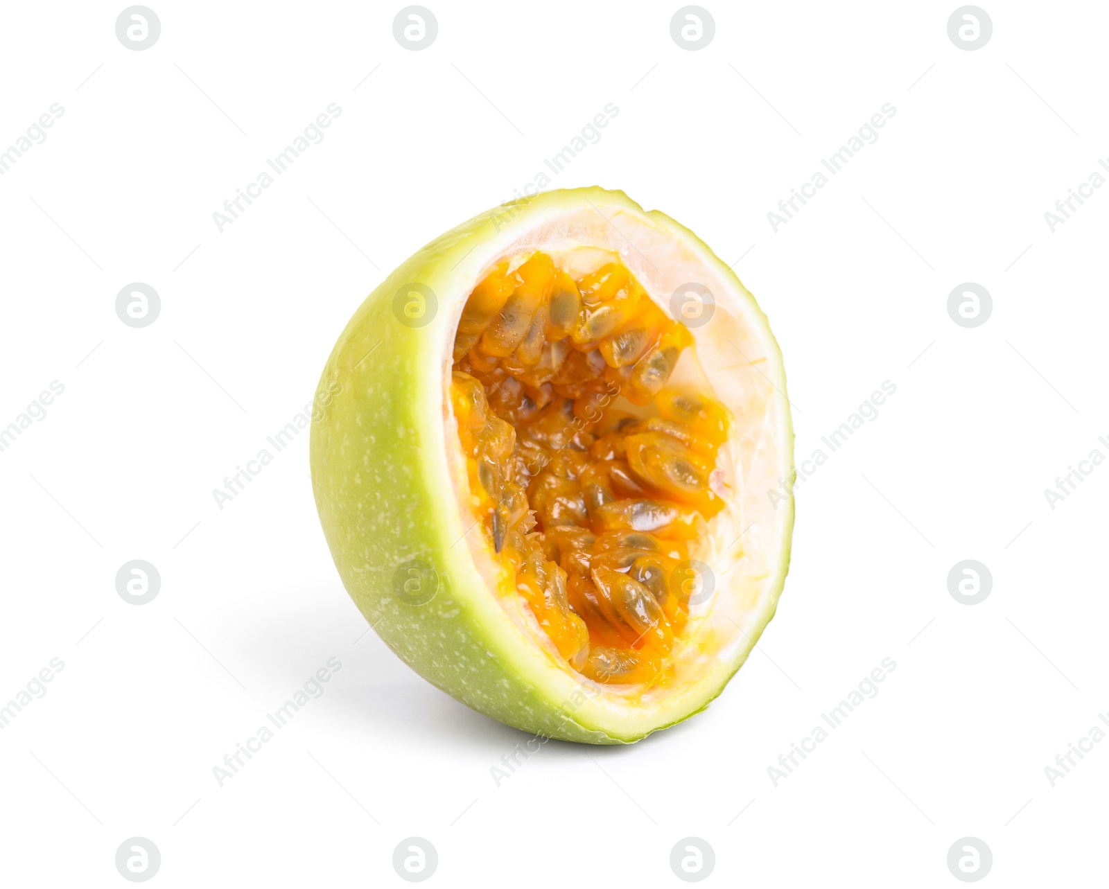Photo of Half of delicious yellow passion fruit isolated on white