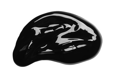 Photo of Sample of black glossy paint on white background, top view