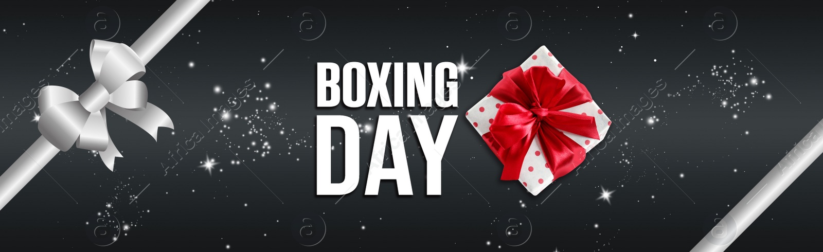 Image of Text Boxing Day and gift on dark background with ribbon. Banner design