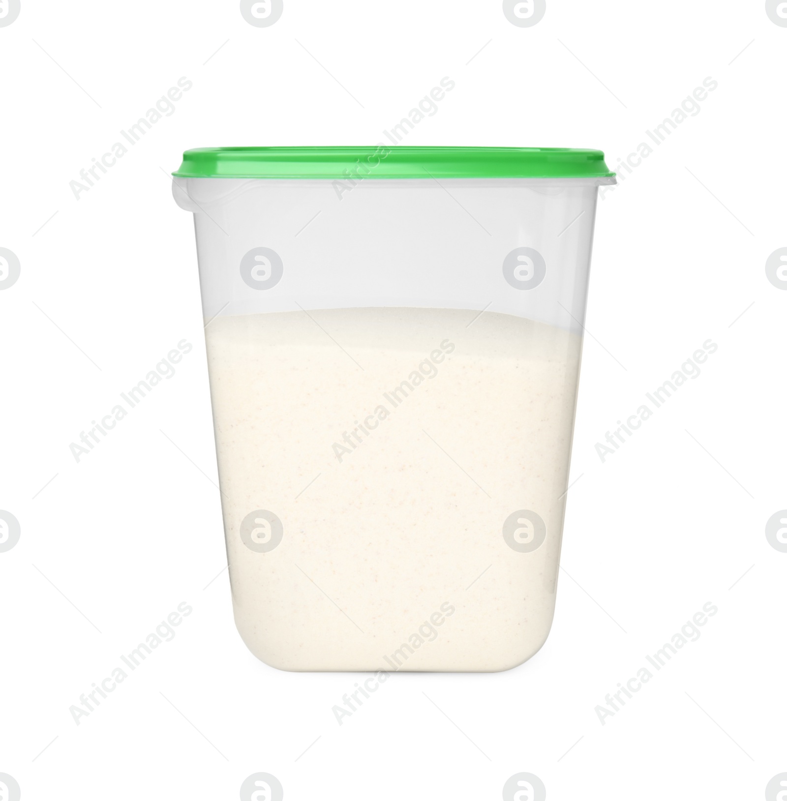 Photo of Plastic container filled with sugar isolated on white