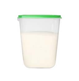 Photo of Plastic container filled with sugar isolated on white