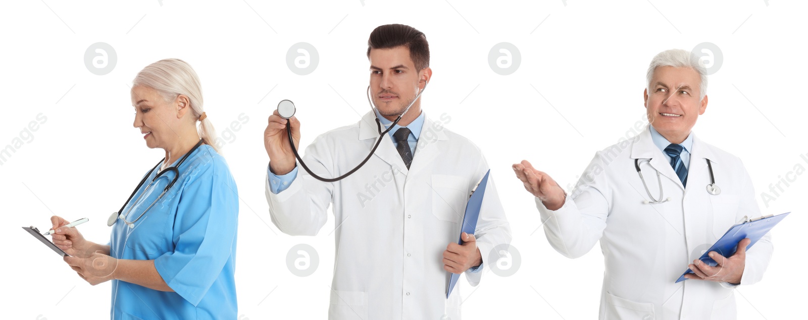 Image of Collage with photos of doctors on white background, banner design 