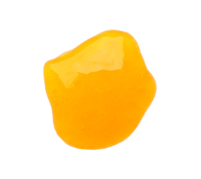 Photo of Orange slime isolated on white, top view. Antistress toy