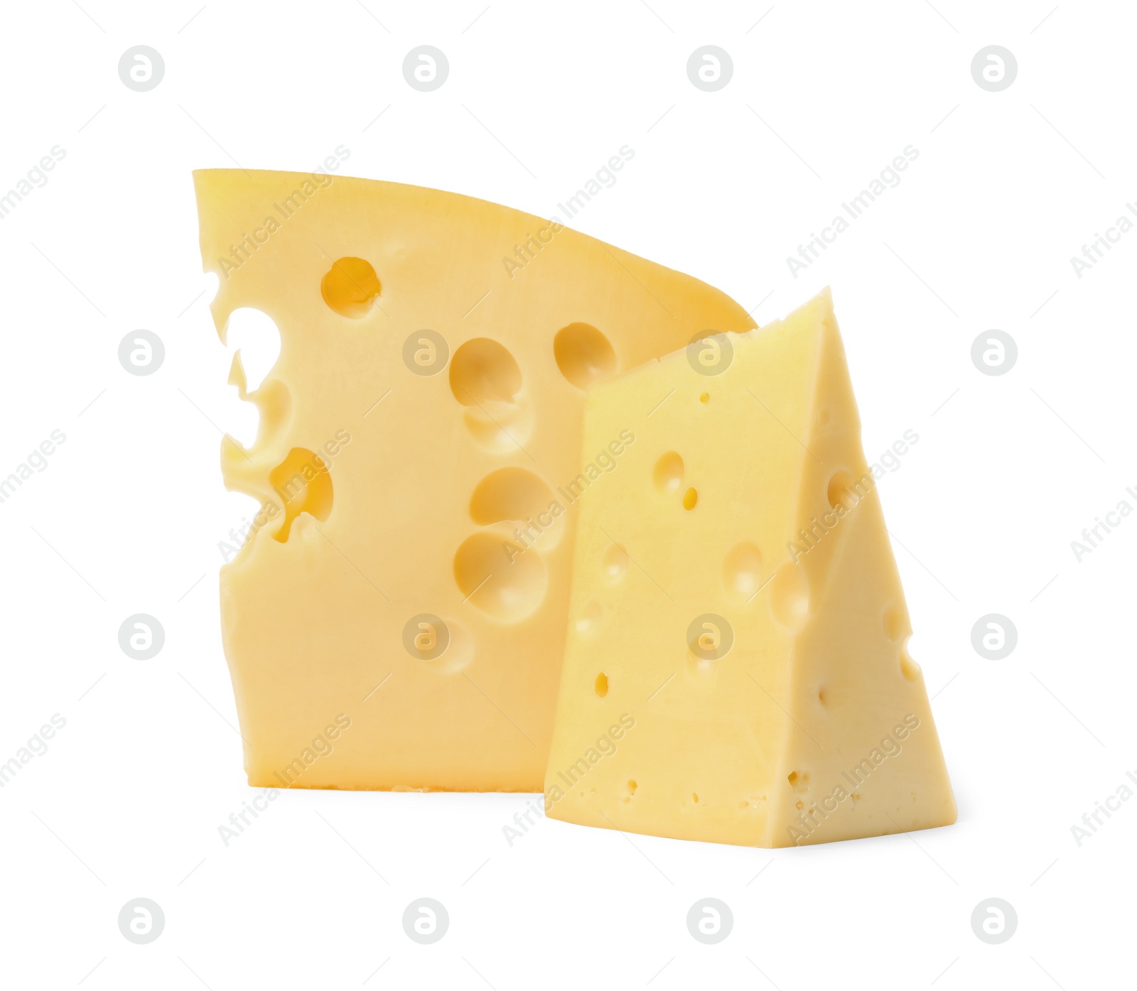 Photo of Pieces of delicious cheese isolated on white