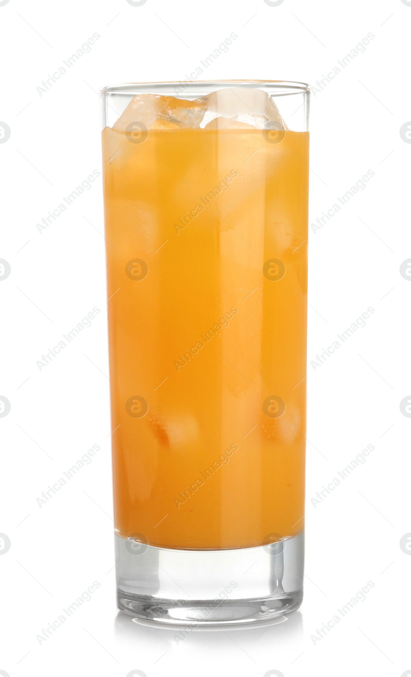 Photo of Tasty juice with ice cubes isolated on white