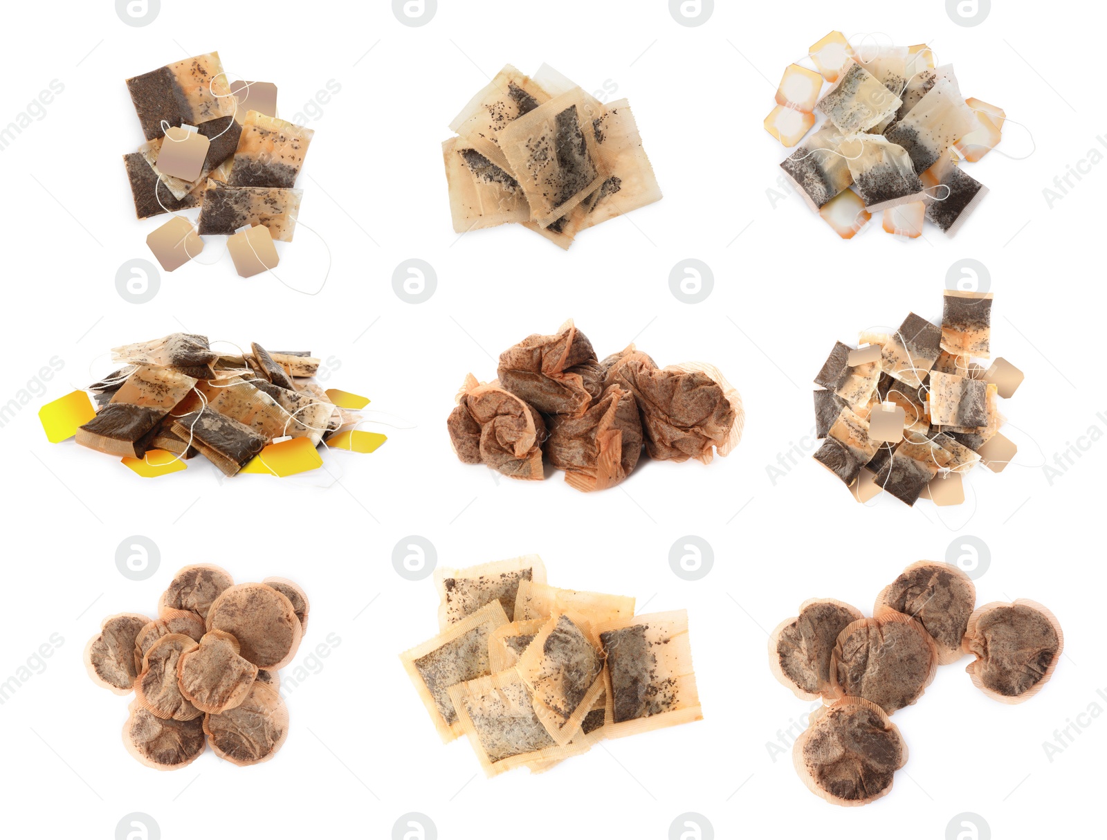 Image of Set with used tea bags on white background