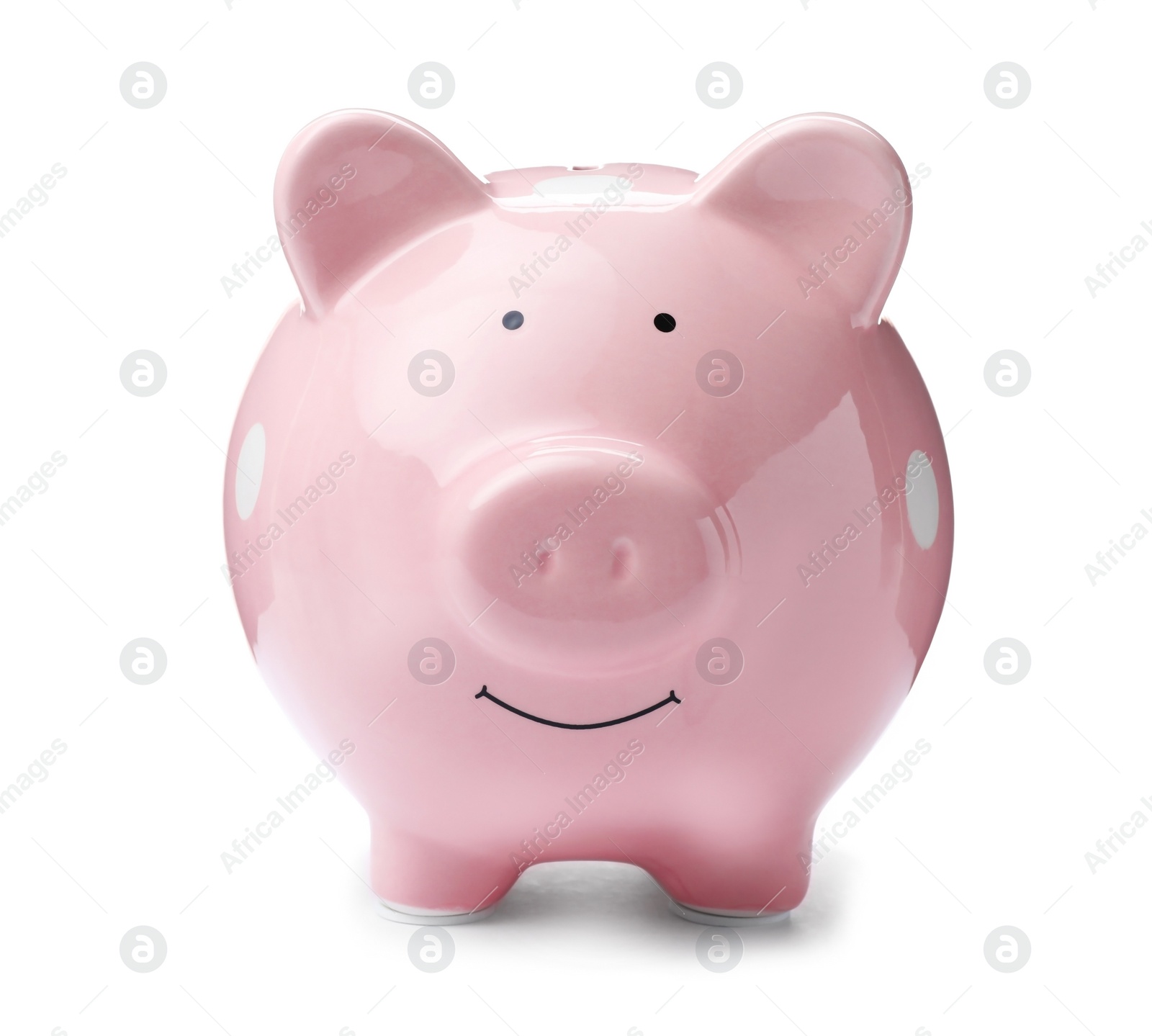 Photo of Pink piggy bank on white background. Money saving