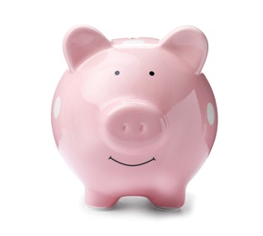 Photo of Pink piggy bank on white background. Money saving